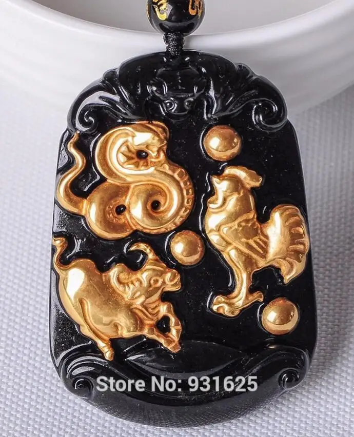 Красивый натуральный черный обсидиан Ручной работы 18 Золото Китайский три