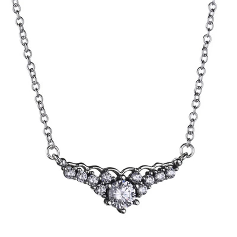 

100% Стерлинговое Серебро 925 пробы, Сказочная Корона, инкрустированная стразами, кулон с ожерельем, комплект, подходит для Европейского женск...