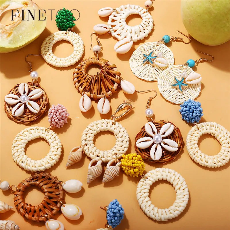 Boho Ocean Beach Starfish Cowrie Shell Rattan Earrings Vintage Handmade Braided Geometric Bamboo Wicker Straw Wooden | Украшения и