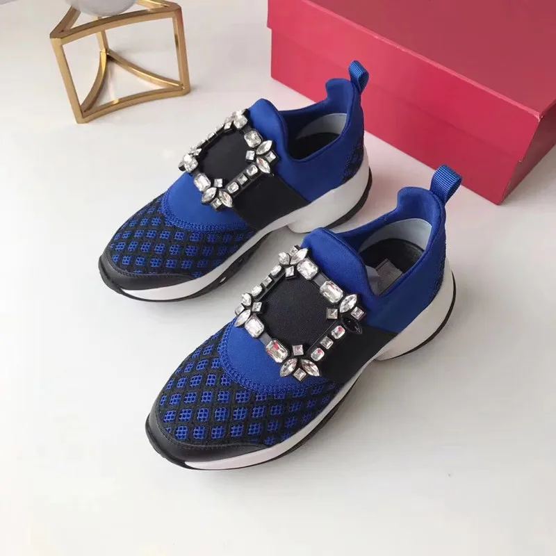 Hot Crystal Square Buckle Mesh Sneakers Women Genuine Leather Platform Thick bottom Flat Breathe Shoes Casual Shoes For Women - Цвет: blue crystal buckle