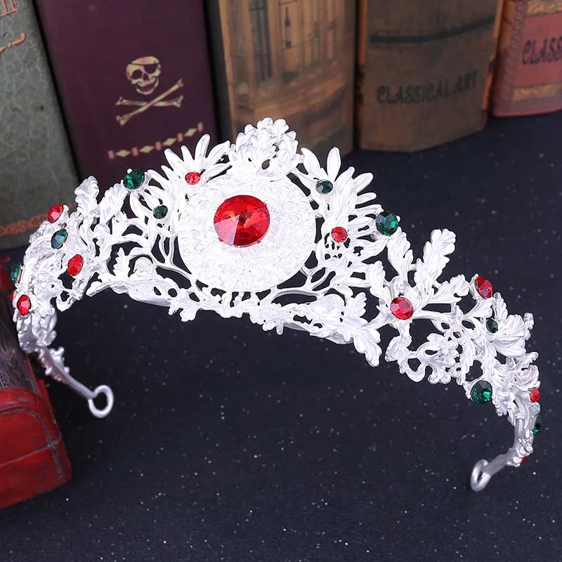 Барокко Серебристый лист свадебный венец украшения для волос Тиара de Noiva Красные