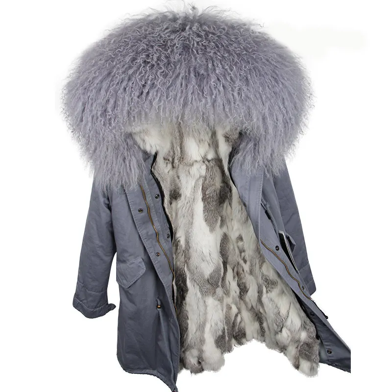 grey grey OFTBUY пальто с натуральным мехом, зимняя куртка, Женская длинная парка, воротник из натурального меха монгольской овцы, капюшон, подкладка из натурального кроличьего меха, уличная одежда - Цвет: grey grey