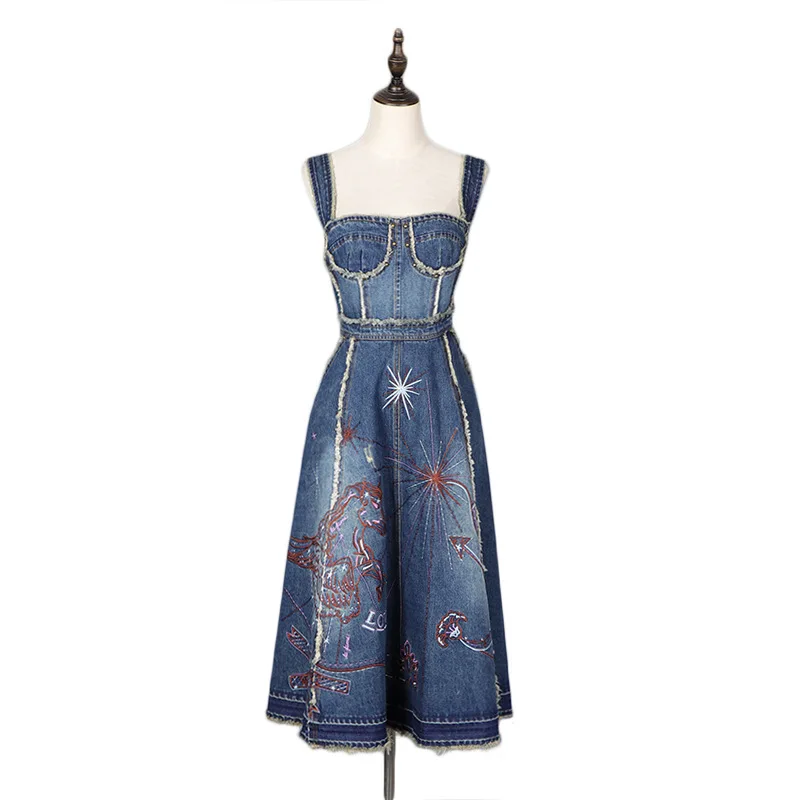 Новинка 2019 года летнее джинсовое платье с вышивкой шерстяное средней длины на