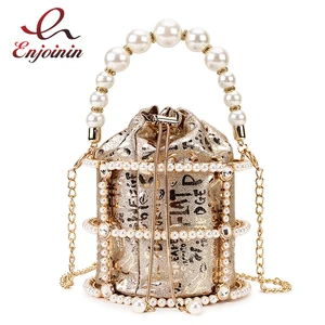 Luxury Pearl Handle Diamond Metal Female Party Clutch Evening Bag Fashion Bucket Purses and Handbags Fashion Designer Bag