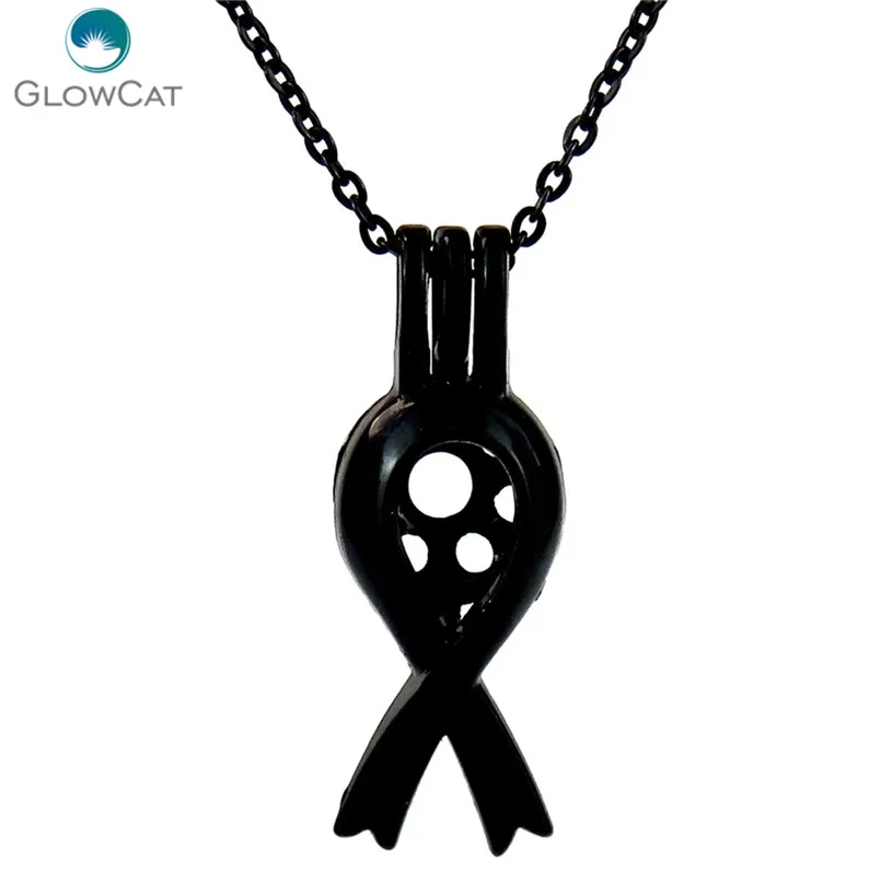 

H285 Black Plated 30mm Awareness Ribbon Beads Pearl Cage Steel Necklace 18" Aroma Essential Oil Diffuser Locket