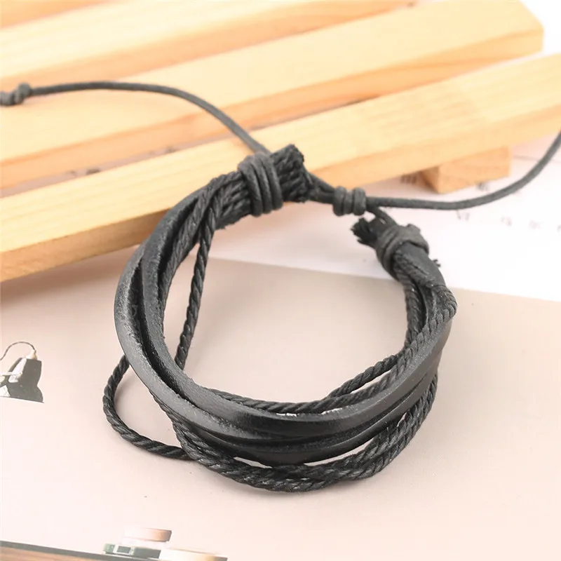 Плетеные Многослойные черные коричневые кожаные браслеты с регулируемой