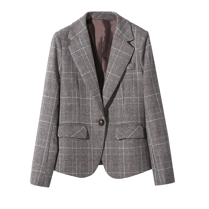 

Hot Selling new checkered retro fashion high quality lady suit casual suit jacket coffee color leisure double breasted jacket