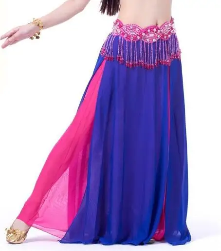 Royal blue-Rose Костюм для танца живота шифоновая юбка для танца живота 2 боковыми разрезами юбка пикантные Для женщин живота юбка для танцев профессиональный - Цвет: Royal blue-Rose