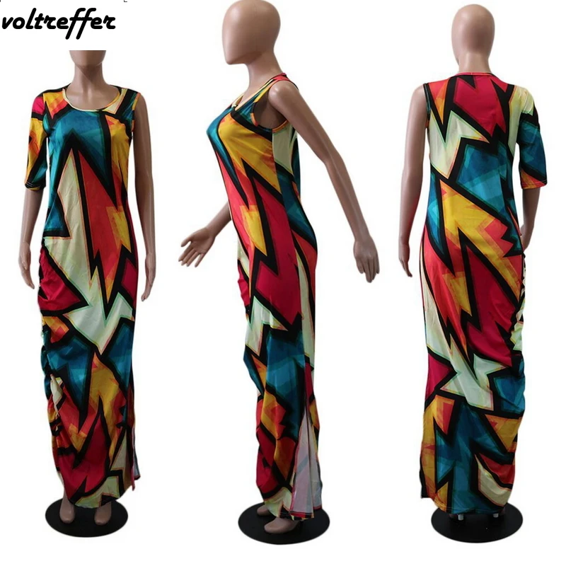 One Shoulder Wrinkle Ruched Geometric Printed Maxi Dresses Long Vestidos De Fiesta Sexy Boho Style Graphic Dress 2018 Fall Beach | Женская