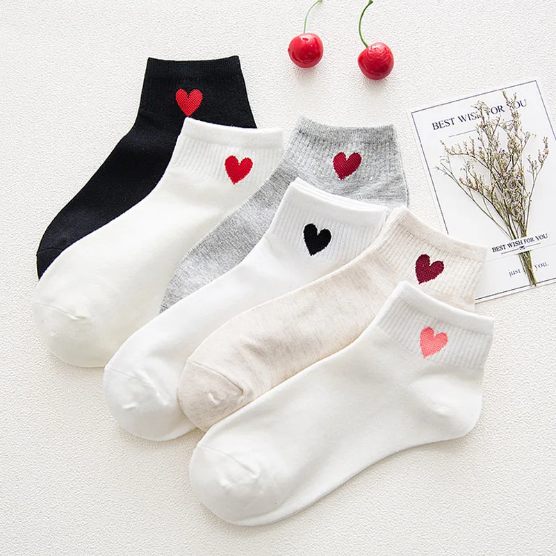 cartoon heart Socks Women Casual Solid Black White Cute Sock Cotton Boat Short Summer R50 Red Heart Neat Print Funny | Женская одежда