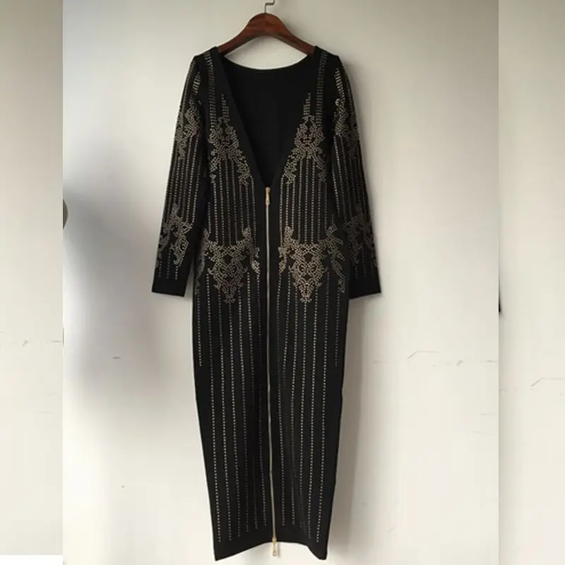 2018 зимнее платье сексуальное черное с кристаллами Бандажное vestido круглым вырезом