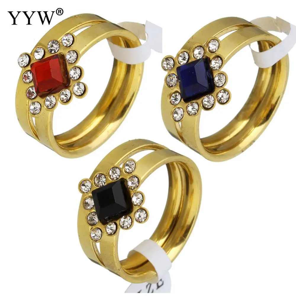 rings for women fashion jewelry stainless steel ring set crystal rhombus gold color plated woman with rhinestone 2PC | Украшения и