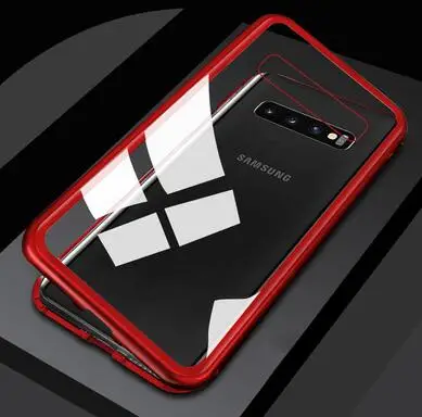 360 Полный Магнитный чехол для телефона для samsung Galaxy Note 10 Pro A30 A50 A70 M10 M20 Алюминиевый металлический бампер S10 S10 Plus стеклянный чехол - Цвет: Transparent red
