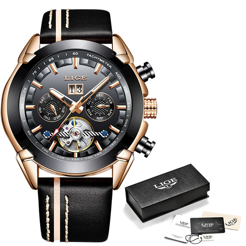 Rose gold black LIGE мужские часы лучший бренд класса люкс автоматические механические часы кожаные водонепроницаемые спортивные часы мужские деловые часы Reloj Hombre - Цвет: Rose gold black