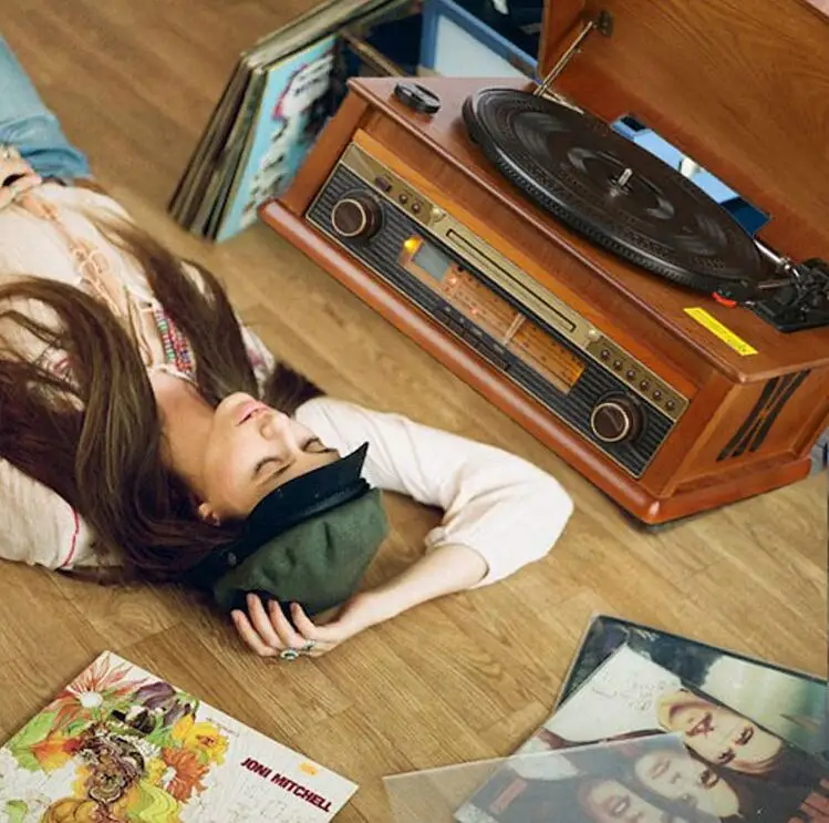 Hi-Fi проигрыватель Ретро виниловый проигрыватель деревянная стереосистема, Bluetooth AM/FM радио, CD, USB для MP3, Vinyl-to-MP3 записи