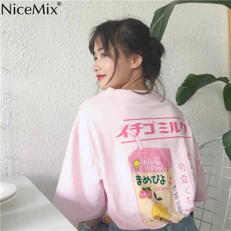 NiceMix Kawaii футболка 2020 летние женские Топы Harajuku футболки с принтом молоко