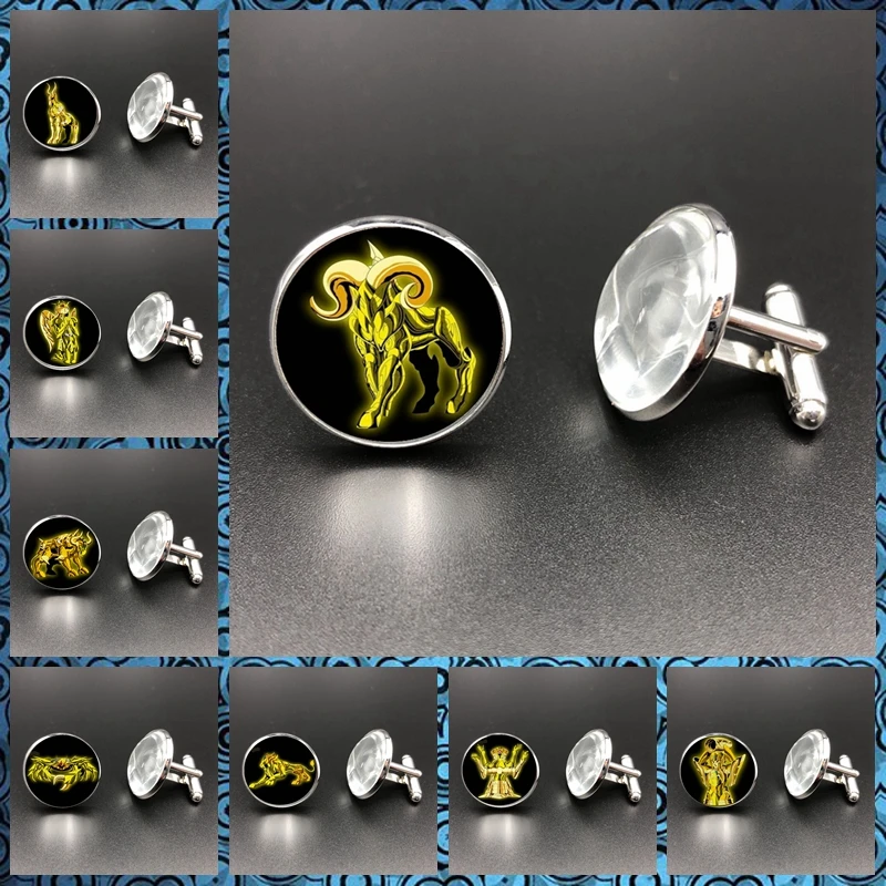 Мужские стеклянные запонки с 12 созвездиями роскошные золотые для рубашки