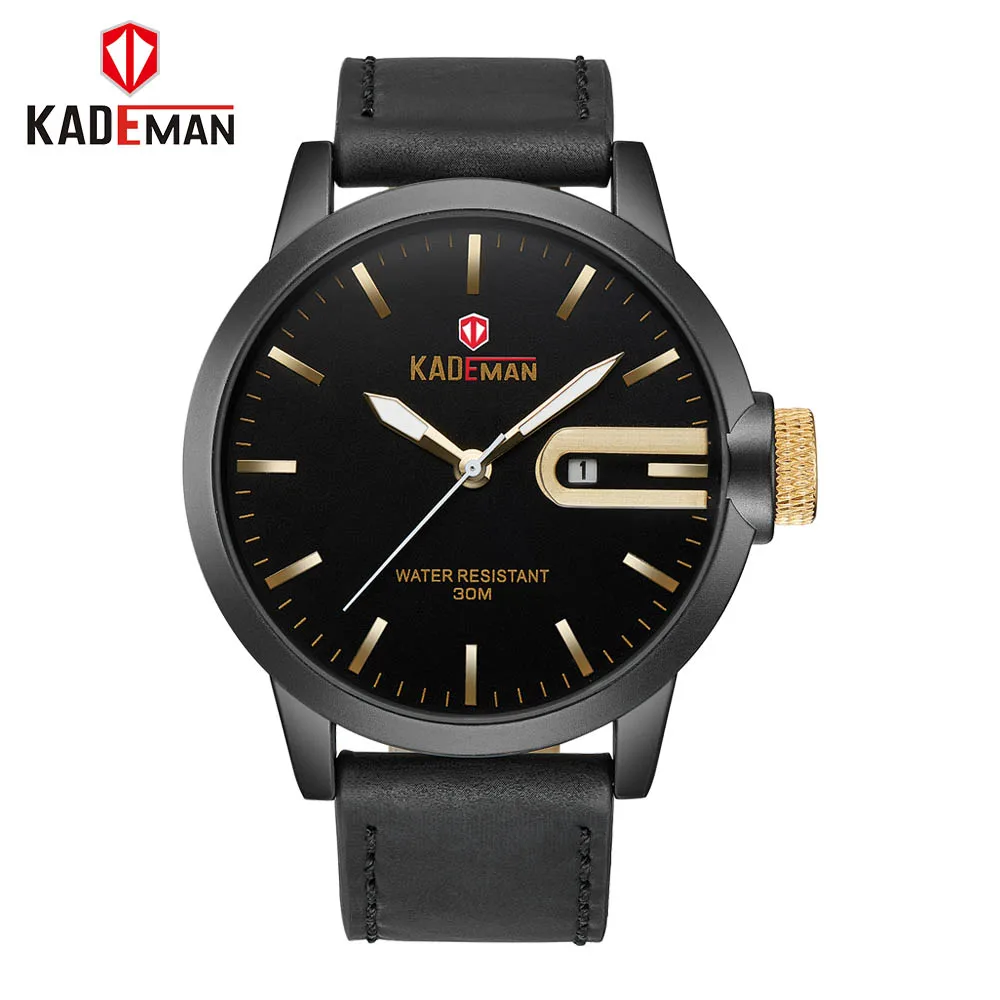 Black-Black-Yellow KADEMAN мужские часы Топ люксовый бренд кварцевые с календарем кожаный ремешок водонепроницаемые Модные наручные часы новые Relogio Masculino 529G - Цвет: Black-Black-Yellow