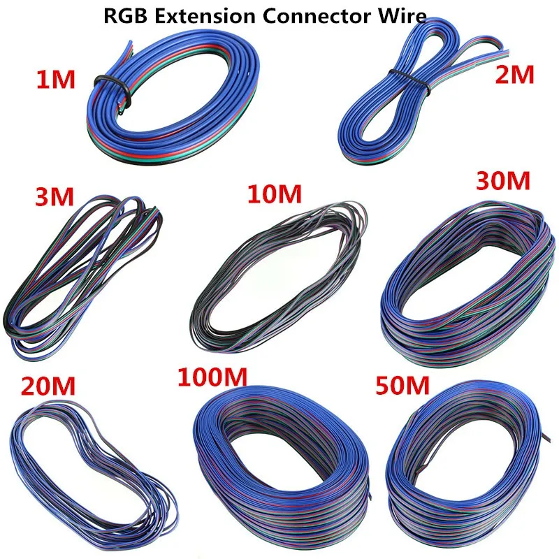 

1m 2m 3m 10m 20m 30m 50m 100/lot 4 Pin Extension RGB+Black Wire Connector Cable For 3528 5050 RGB LED Strip light