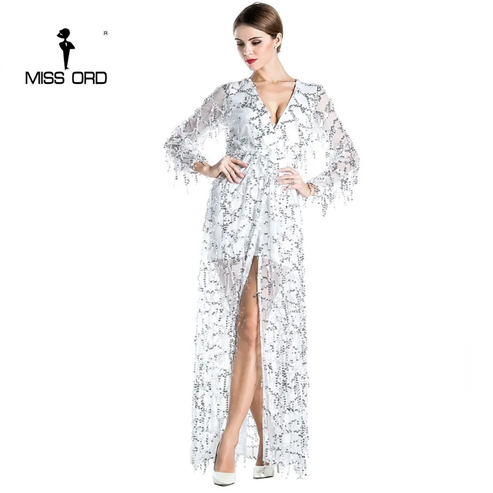 Женское платье макси Missord с длинным рукавом и глубоким вырезом блестками FT3564