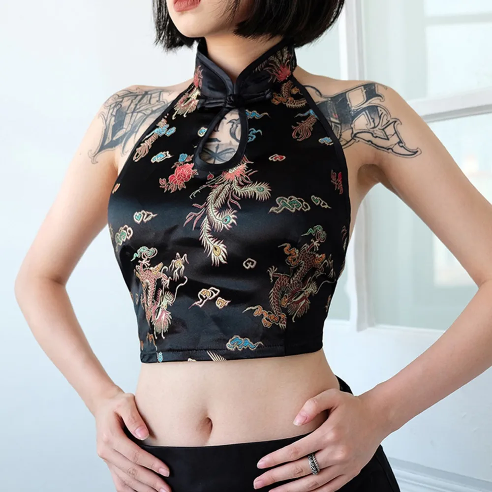 Женский винтажный укороченный топ с вышивкой Cheongsam летние пикантные топы