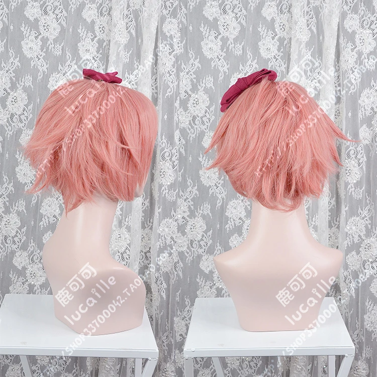 Аниме Doki Literature Club Sayori синтетический парик для косплея натуральная волна Короткие Розовые аниме Боб волосы парики+ красный бант+ парик колпачок