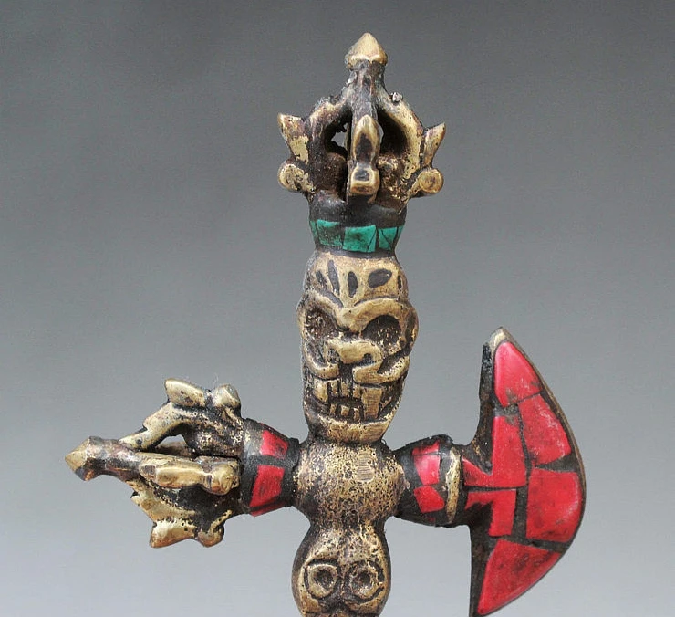 SCY Buddhism Bronze Inlay Turquoise Dorje Buddha Statue Phurba Dagger Holderal | Дом и сад
