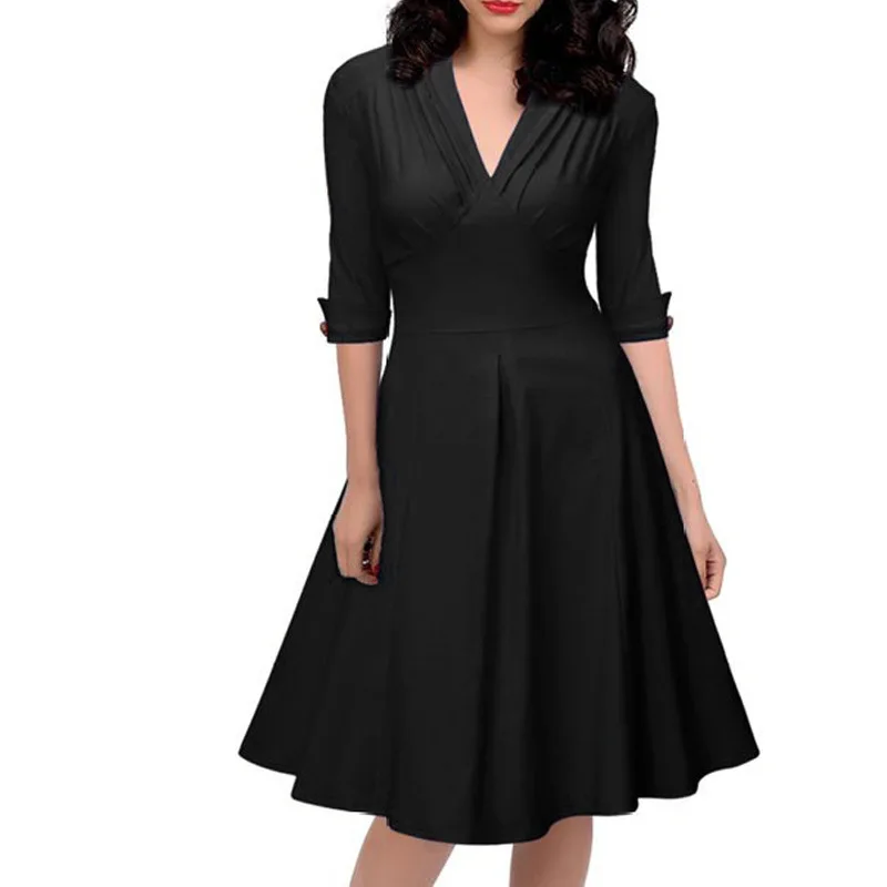 

High Quality Autumn Women Office Work Dresses Lady Short Sleeve Knee V Neck Long Dress Vestidos 1518