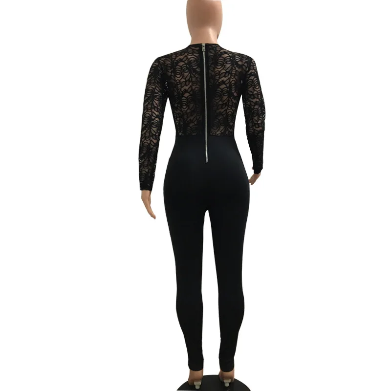 

HAOOHU Long Sleeve Black Lace Jumpsuit Women Back Zip Skinny Transparent Sexy Lace Rompers Womens Bodycon Jumpsuit Long Pants