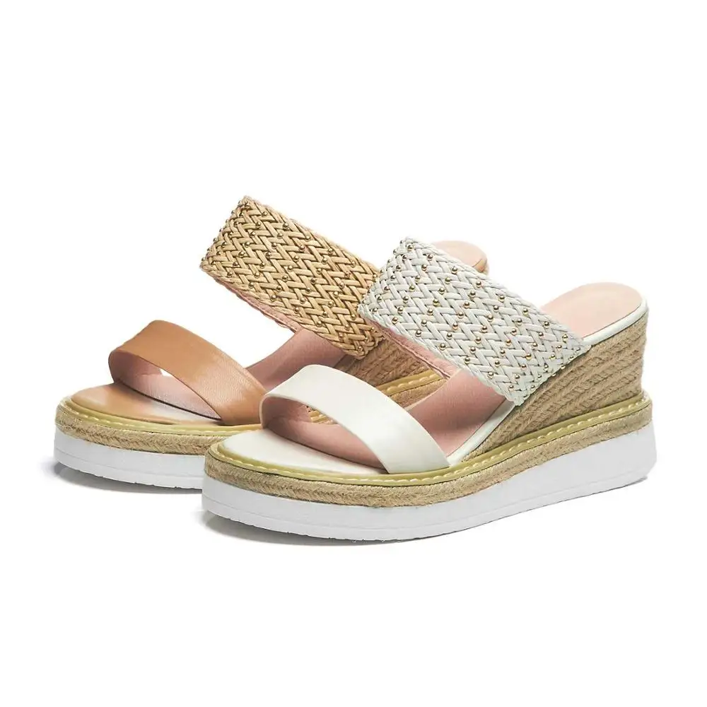 

Krazing Pot genuine leather straw decoration slip on mules wedges platform peep toe women sandals new fashion weaving shoes L93