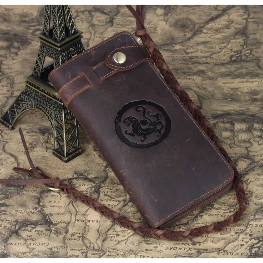 

TIDING Cool Vintage Style Handmade MEN Genuine Cowhide Leather Wallet Card Holder Bifold with Strap 3377