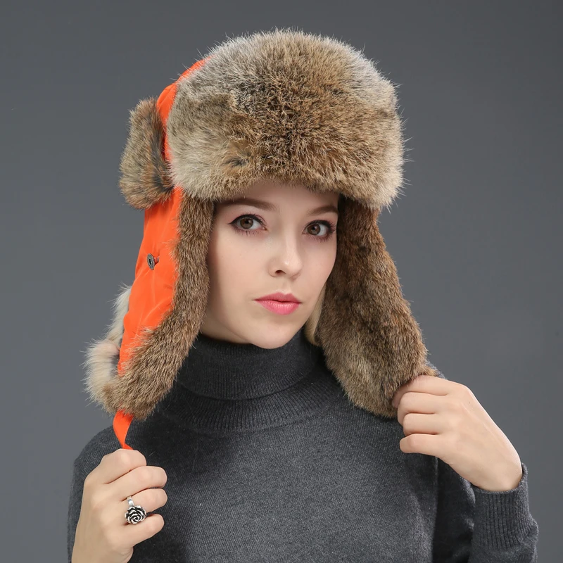 Men Real Rabbit Fur Bomber Hats Women Winter Warm Ushanka Russian Snow Hat with Earmuffs Trapper Cap Earflap | Аксессуары для
