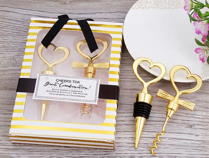 

100pcs(50sets)/lot Cheers To A Great Combination Gold Wine Set Bottle Opener Cork Screw and Stopper Wedding Souvenirs