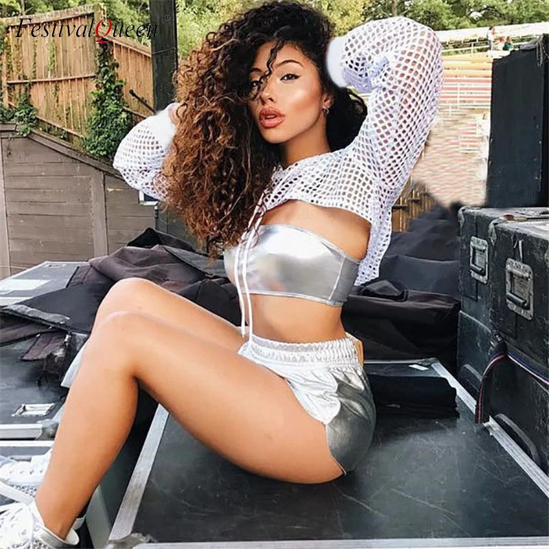 Festival Queen/женские блестящие шорты с металлическим блеском и топ без пятки комплект