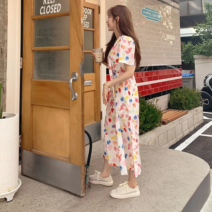 Женское винтажное платье с коротким рукавом милое А-силуэта в корейском и