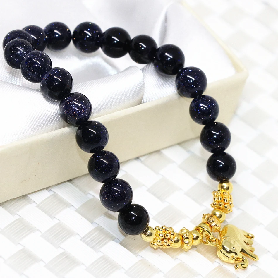 Натуральный камень 8 мм синий песчаник круглые бусины браслет для женщин золотой