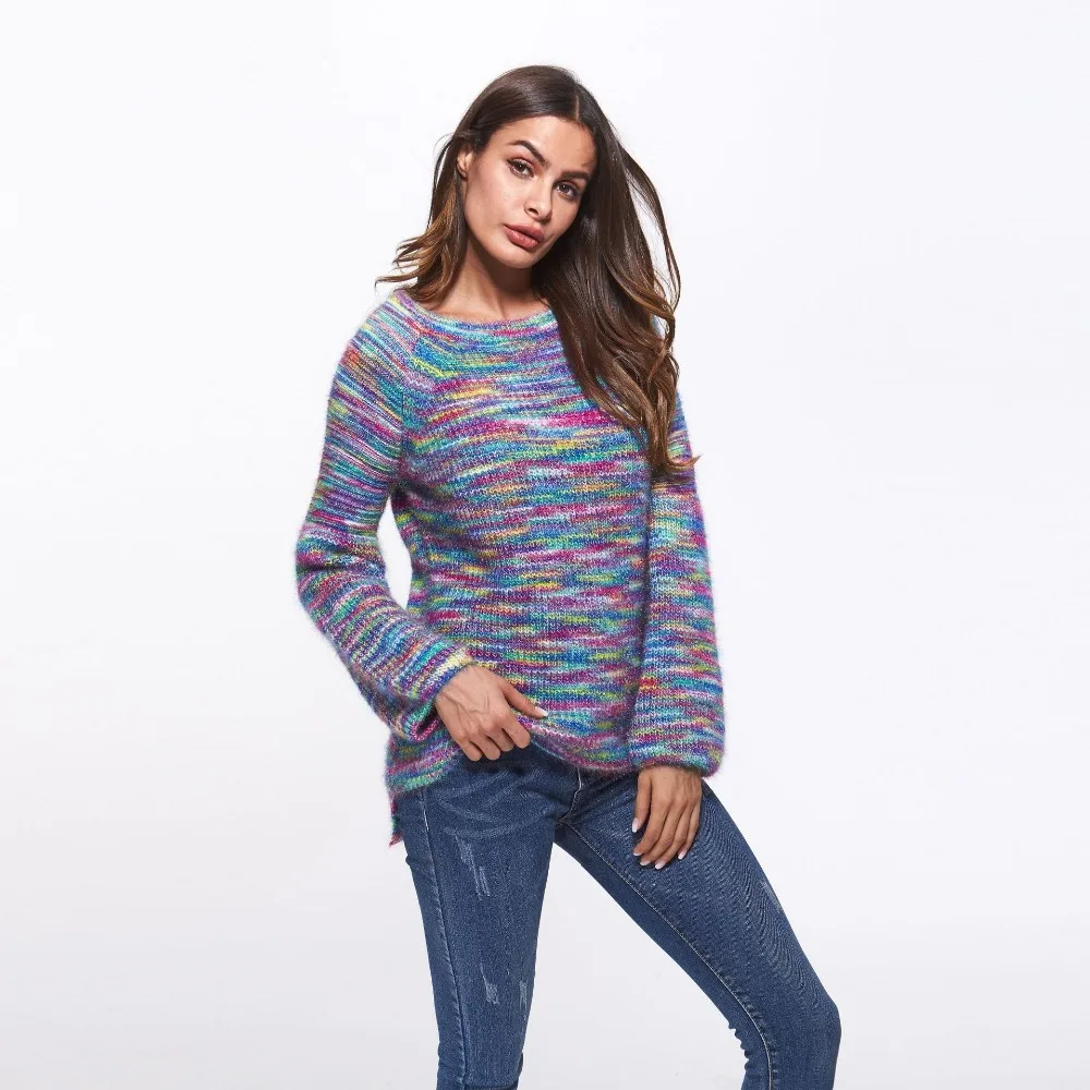 Casual Women Mohair Knitted Top Soft Warm Autumn Colorful Pullovers O-Neck Winter Sweater | Женская одежда