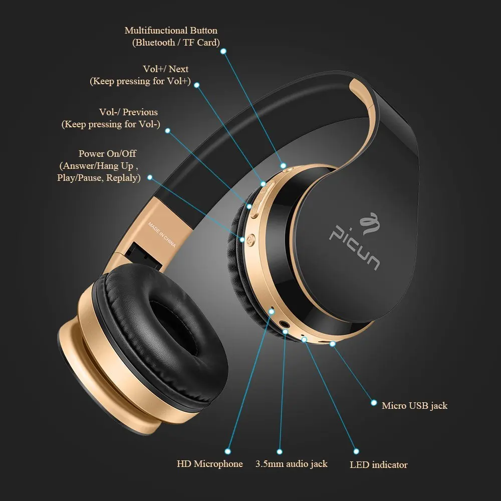 Picun P16 Wireless Headphones Bluetooth Headset with Mic Support TF Card 3.5 mm Jack Portable&ampFoldable Headphone for Vidoe Music |