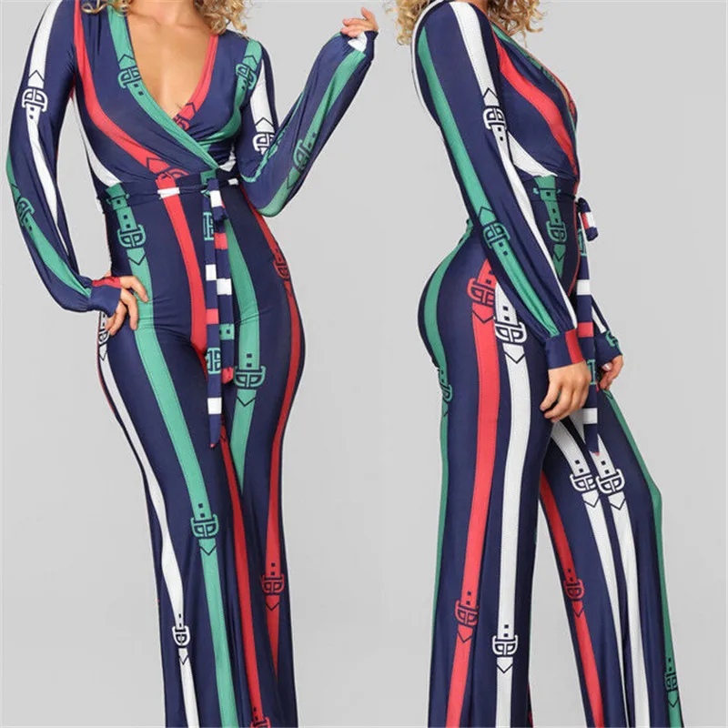 

Plus Size Women Stripe Jumpsuit Romper Clubwear Sexy Autumn Long Sleeve Deep V-neck Jumpsuit Printed Party Playsuit Long Trouser