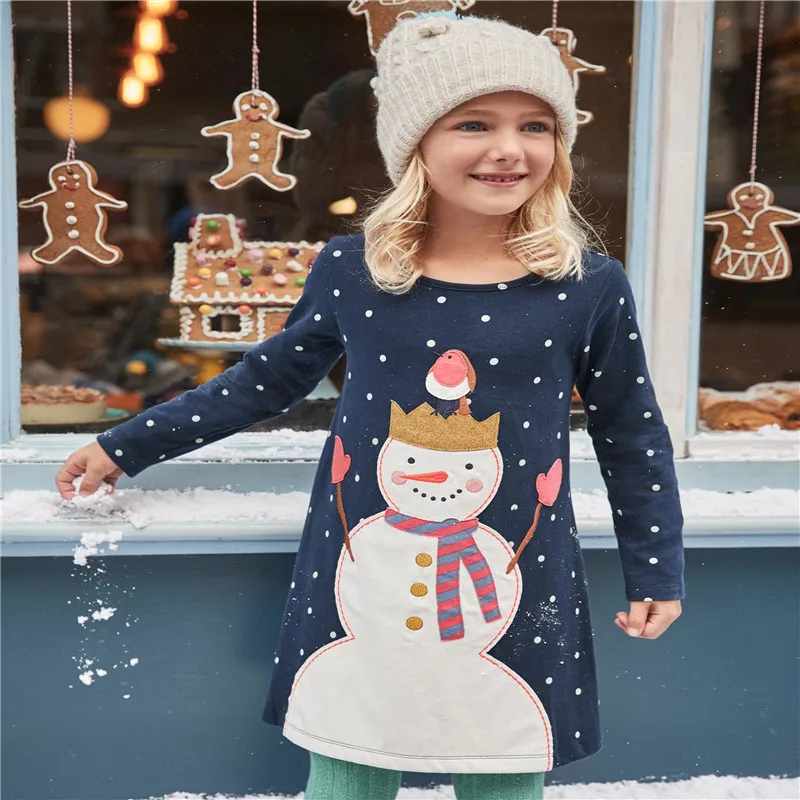 Snowman applique baby dresses girls clothes cotton polka dot multi colors long sleeve kids autumn spring children dress | Детская одежда