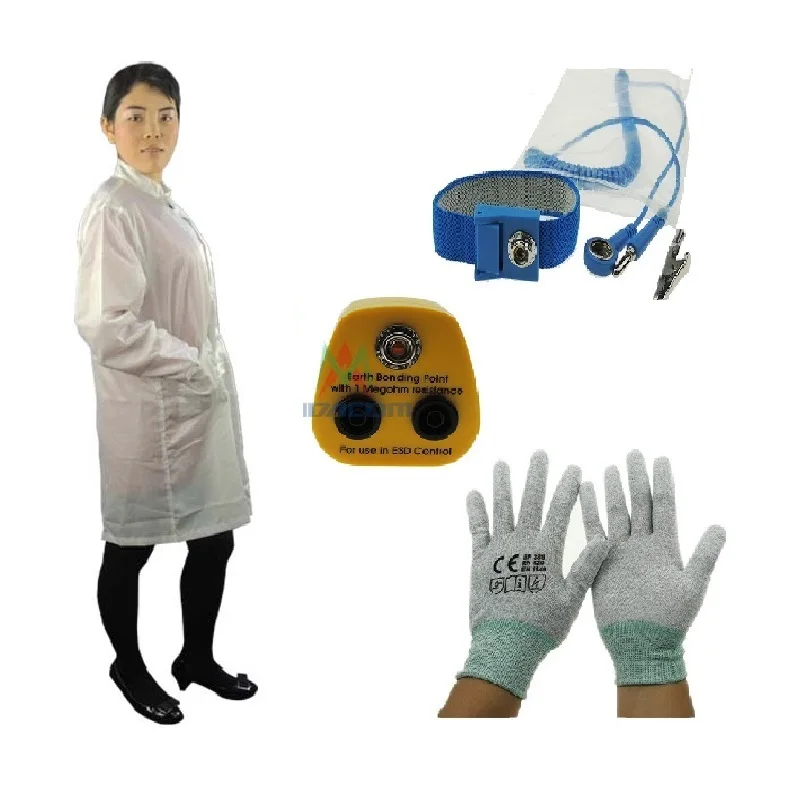 

Polyester Cleanroom Working Vests ESD Smock Workwear ESD Safety Cothing with Antistatic Wrist Strap ESD Gloves and ESD Plug