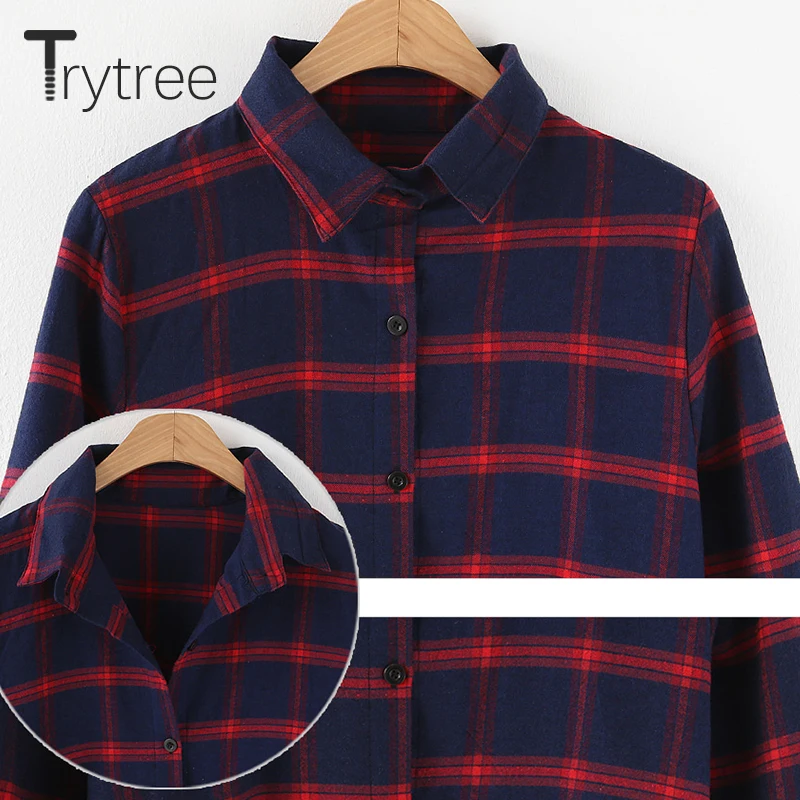 Trytree весна осень Женская хлопковая блузка Повседневная рубашка с отложным