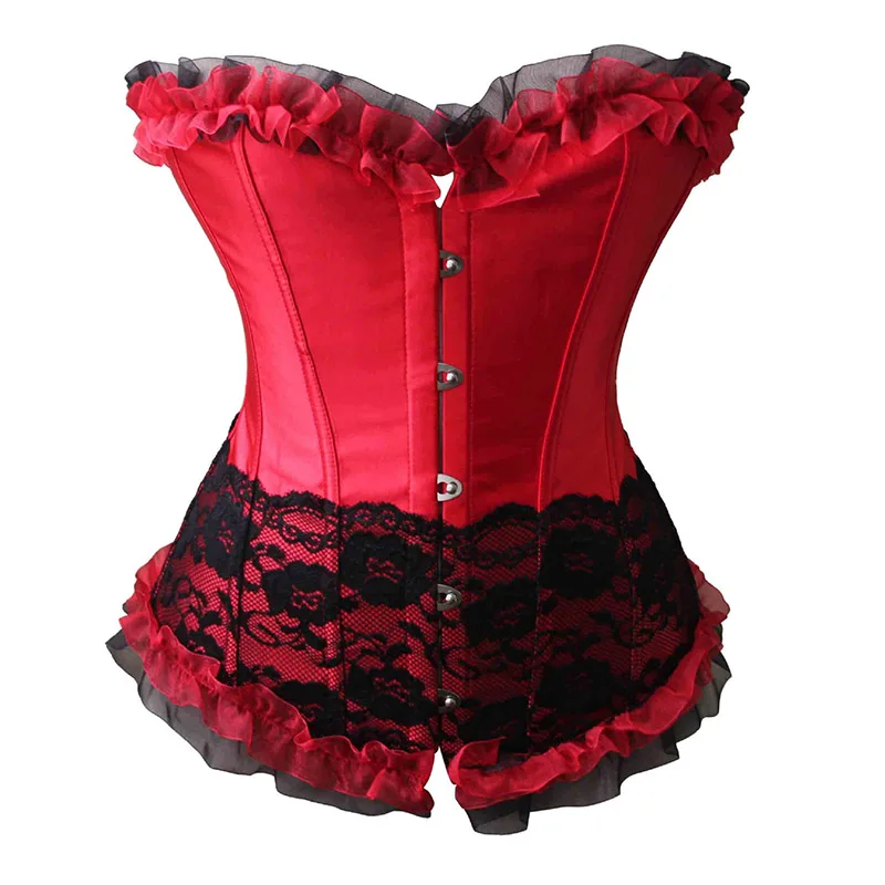 Красный и черный Готический Бурлеск корсет платье с юбкой Corselete Feminino Espartilhos E Corpetes
