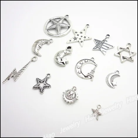 Смешанный 120 шт Винтажный серебряный цинковый сплав Звезды Луна солнце Подвески