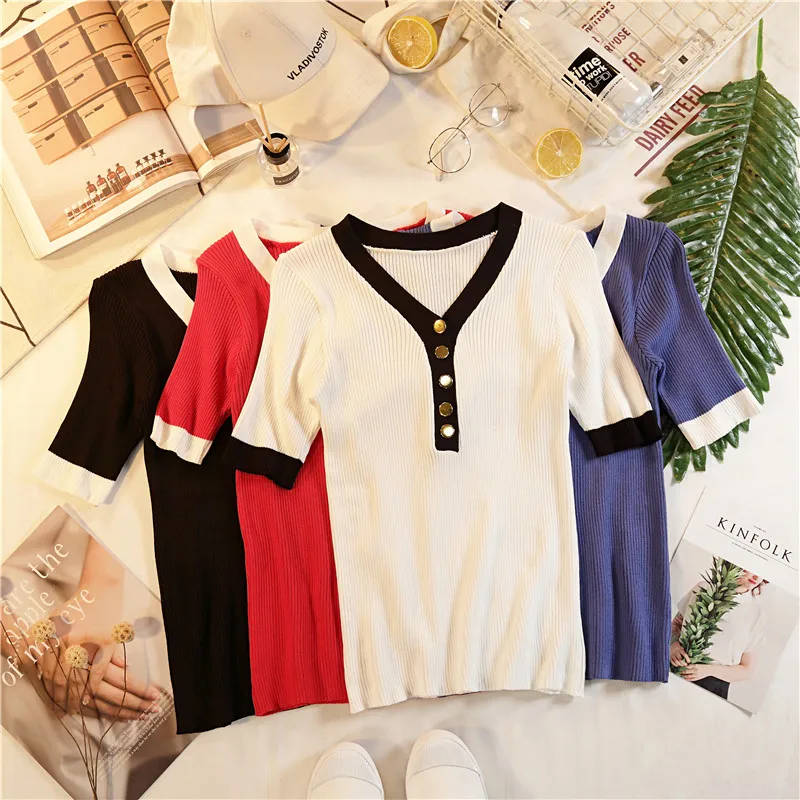 

Summer Women's V-neck Knitted Short Sleeve T-shirts Tops Girls Knitting Stretchy Sheath Buttons Tees T Shirt For Female