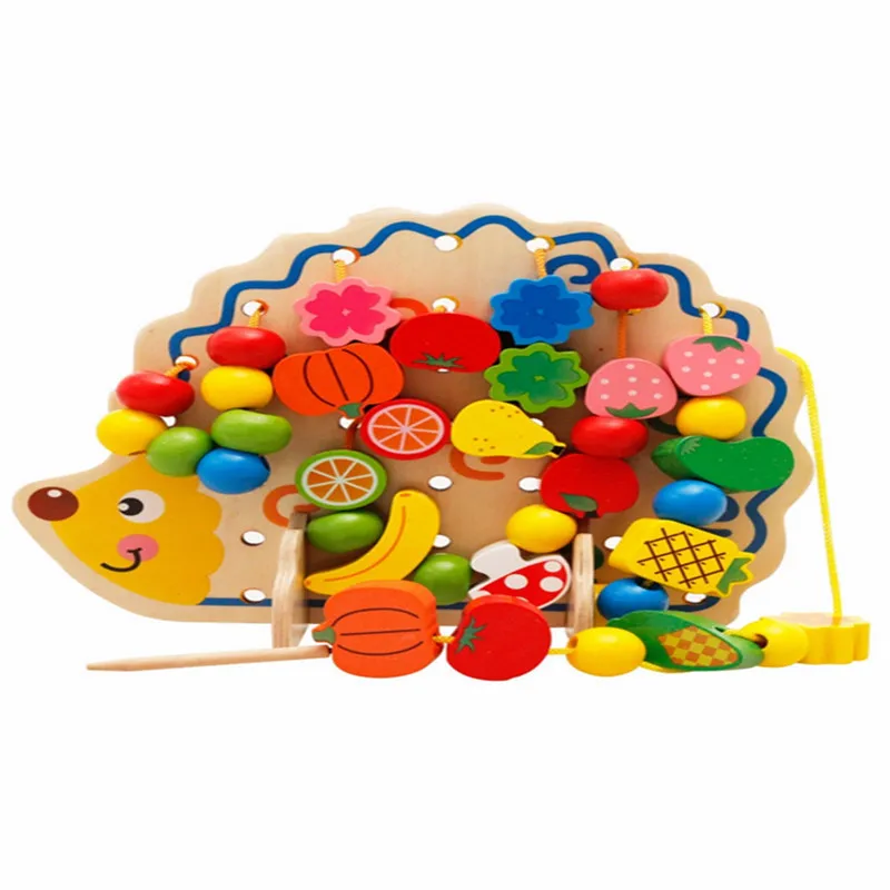 1 XWooden фрукты и овощи Threading завязки нанизывая Спиннер с шариками игрушки Ежик