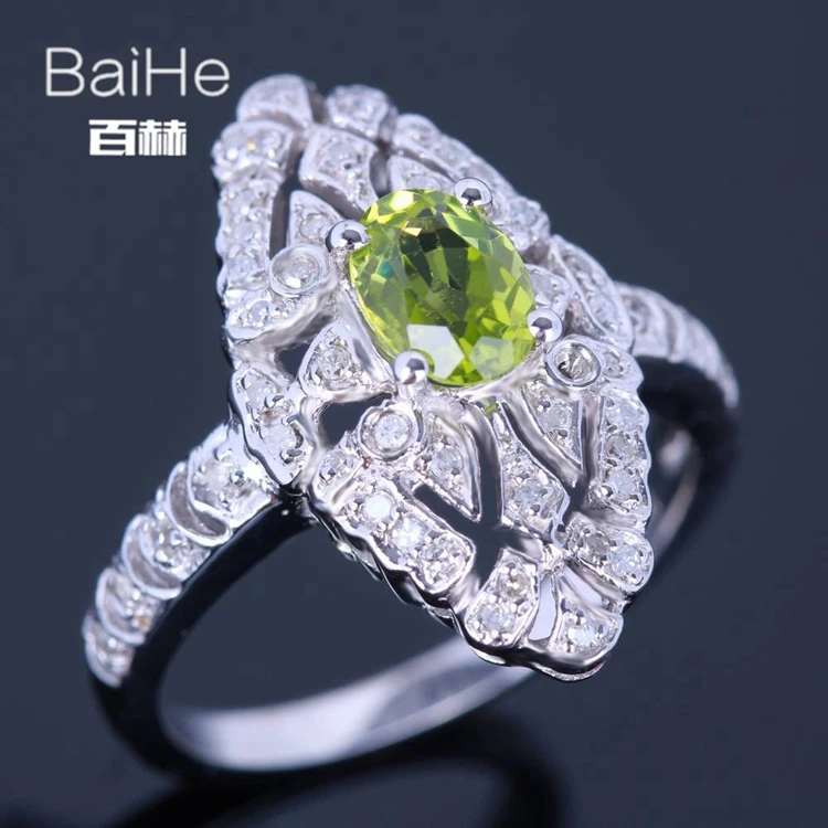BAIHE стерлингового серебра 925 0.8ct сертифицированных безупречный овальный cut Подлинная Перидот Свадебные Для женщин офисные/Карьера Fine Jewelry уникальные кольца