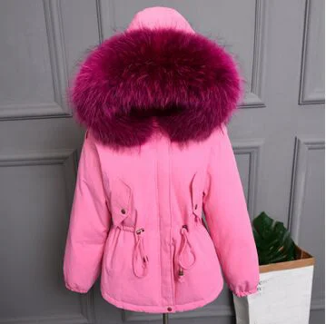 big rose red fur Большой натуральный мех енота Новое Женское пальто Высокое качество зимняя куртка Женский Теплый свободный пуховик парка белый пуховик - Color: big rose red fur