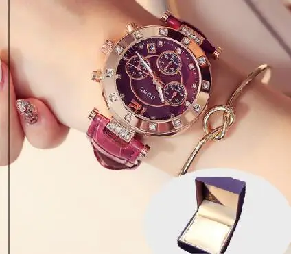 Purple With Box Модные брендовые роскошные женские Часы GUOU, стразы, кожа, повседневные женские часы в подарок, розовое золото, кварцевые часы, relogio feminino - Цвет: Purple With Box