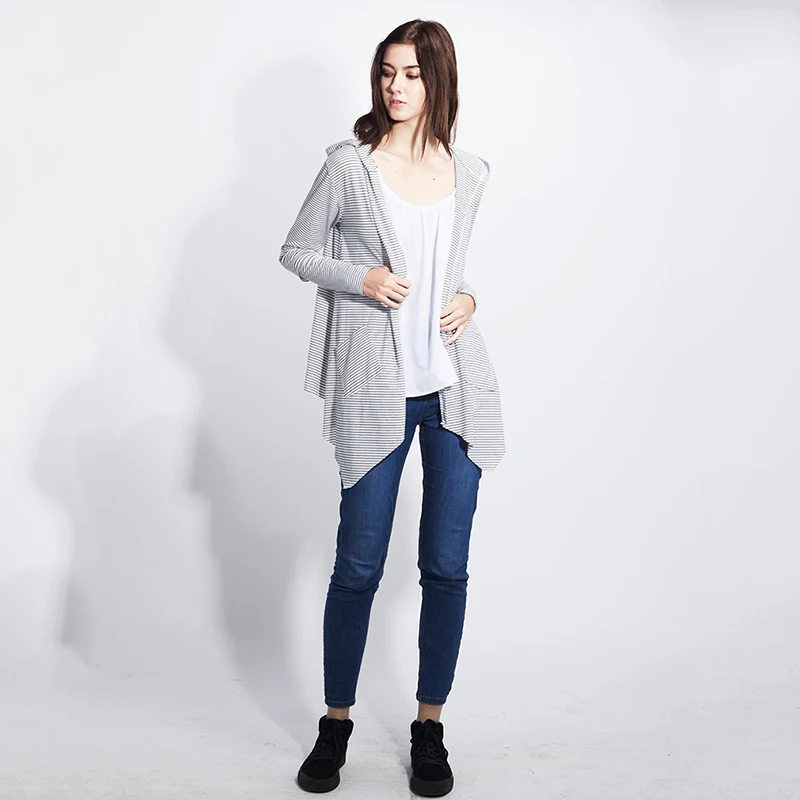 Bigsweety Womens Casual Hooded All-match Cardigans Long Sleeved Asymmetric Cardigan New European Striped Overcoat Women Outwear |